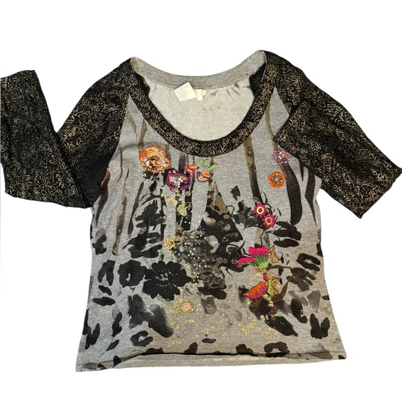 Y2K Alberto Makali Floral Embellished Glitter Boho Glam Fitted Top Womens Size L - Picture 1 of 7